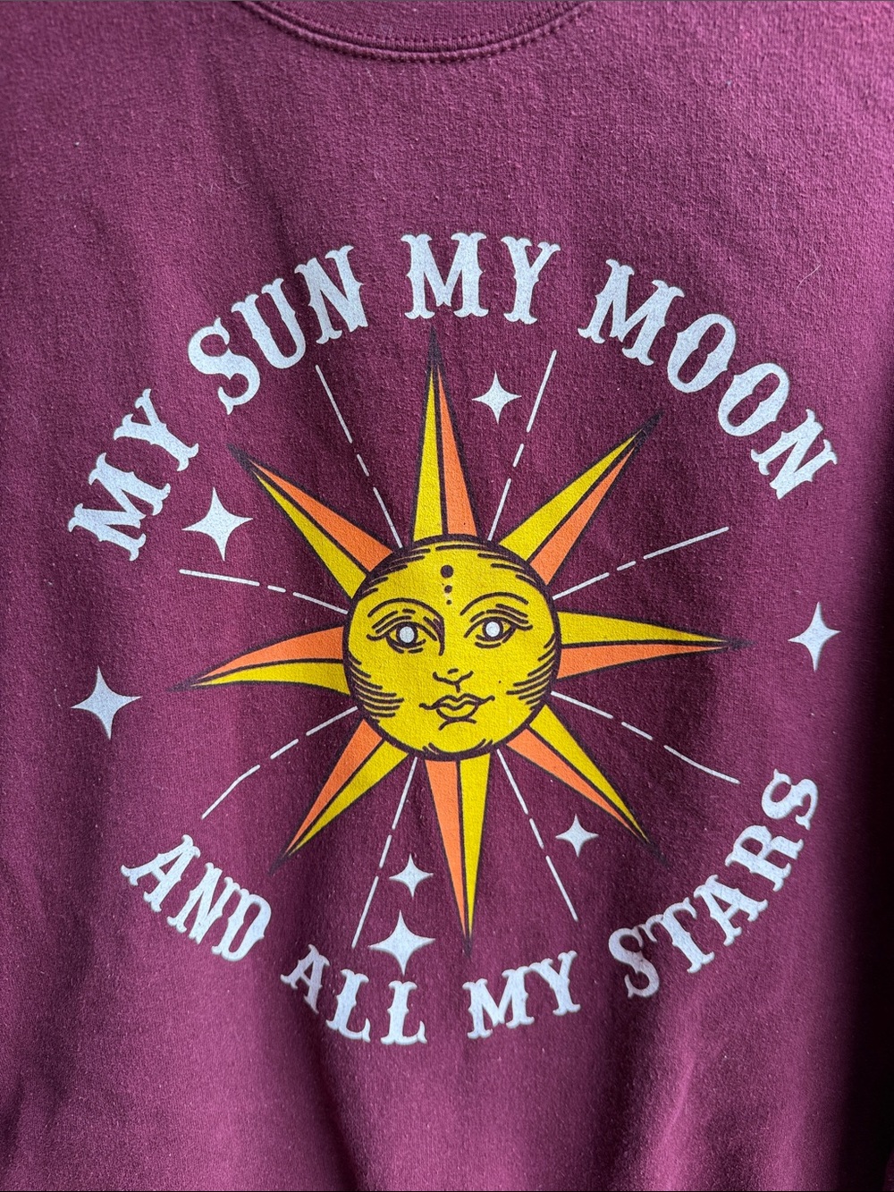 Maroon Celestial Graphic Sun & Moon Crewneck Boho Festival Sweatshirt Size L - Picture 2 of 5
